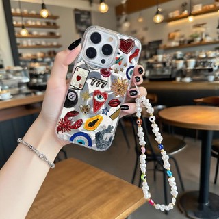 Retro Full Evil Eyes Ngọc Trai Dây Xích Ốp Lưng Tương Thích Cho iPhone 12 11 Pro Max 12 11 Pro XS Max XR X 7 8 Plus SE 2020 Trái Tim Tình Yêu Cô Gái Laser Vỏ Điện Thoại