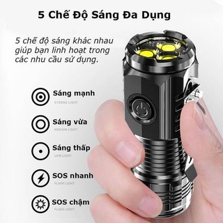 Đèn Pin Sạc Chống Thấm Nước Type-C Sạc USB 3 Chế Độ Độ Độ Sáng Mạnh Từ Tính Nặng Mini Cắm Trại Đèn LED