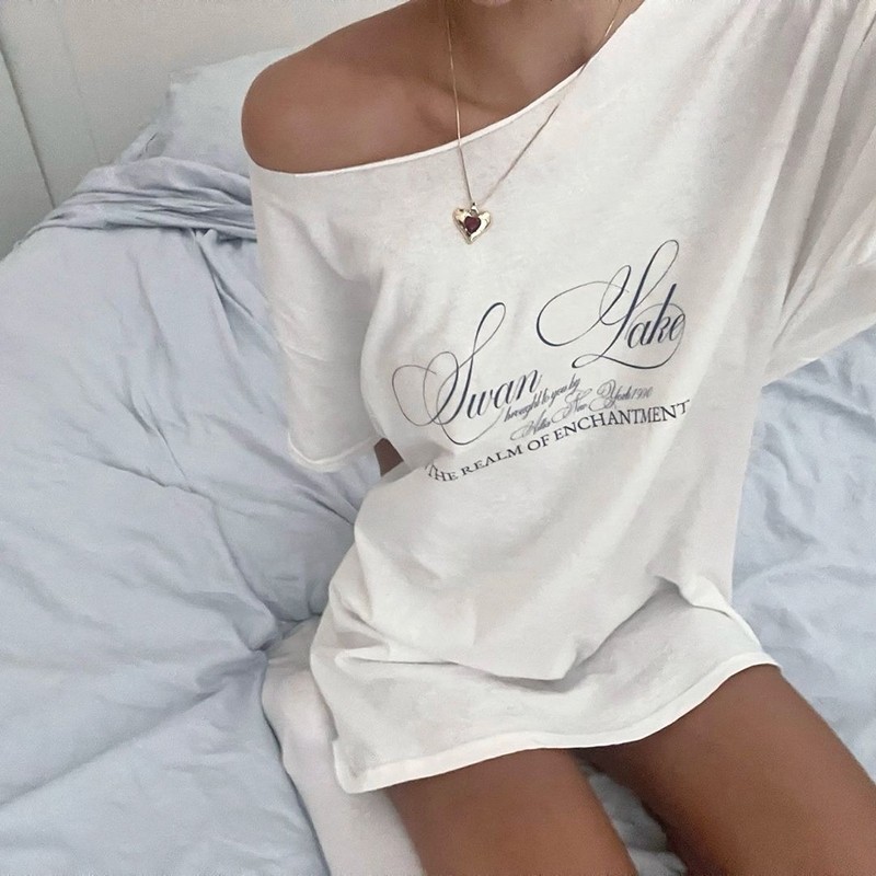 Klalien Mùa Hè Mới Quần Áo Nữ Đường Phố Mỹ Thời Trang In Chữ Vai Tay Ngắn Rời Áo Thun Top