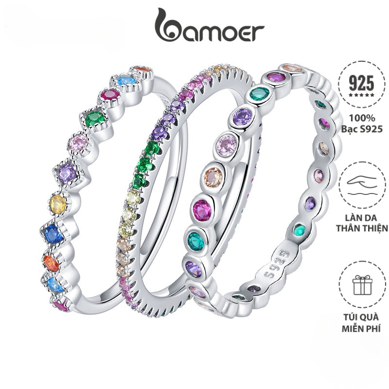 Nhẫn BAMOER SCR714/ BSR168/ SCR697 bạc 925 đính đá zircon màu sắc cầu vồng làm quà tặng dành cho nữ