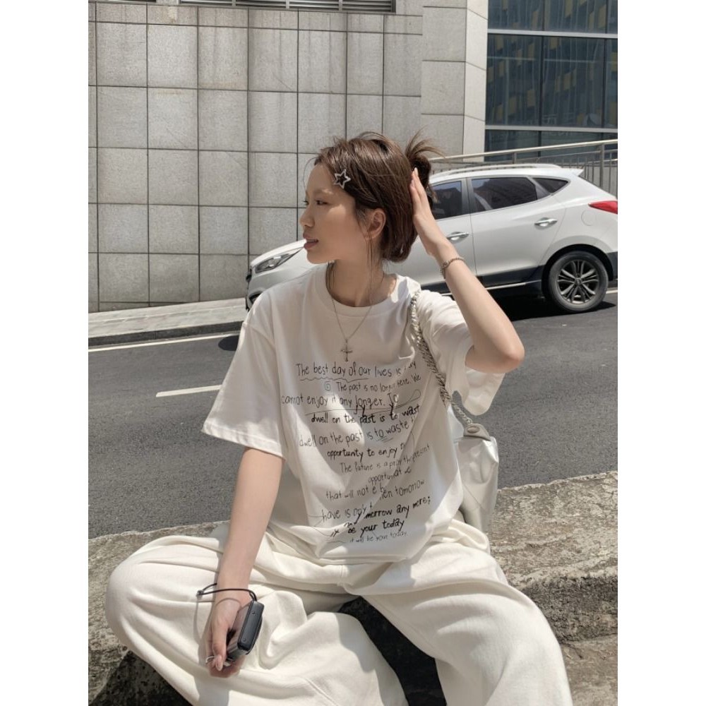 Milyfashion Cotton Nguyên Chất Thắt Lưng In Chữ Ngắn Tay Áo Thun Nữ Mùa Hè Thiết Kế Cẩn Thận Rời Thường Ngày Nửa Tay Top
