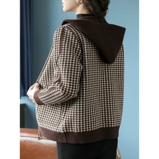 Hàn Quốc Houndstooth Áo Khoác Nữ Thu Đông Phong Cách Mới Mẹ Thời Trang Thường Ngày Có Mũ Trùm Đầu Giảm Tuổi Top Xuân Thu Có Mũ Trùm Đầu