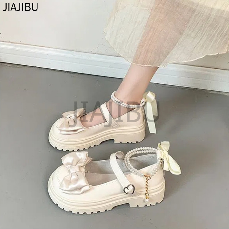 Size 34-46 Korean Fashion Bow Platform Mary Jane Shoes 45 Giày Nữ Cỡ Lớn 44 Giày Lolita Đồng Phục JK Đính Cườm Nhật Bản 43 Giày Đi Học Màu Đen 42 Giày Cosplay Gót Dày Khóa Trái Tim Kiểu Anh Beige Casual Princess Style Doll Shoes Giày Búp Bê Chống Trượt