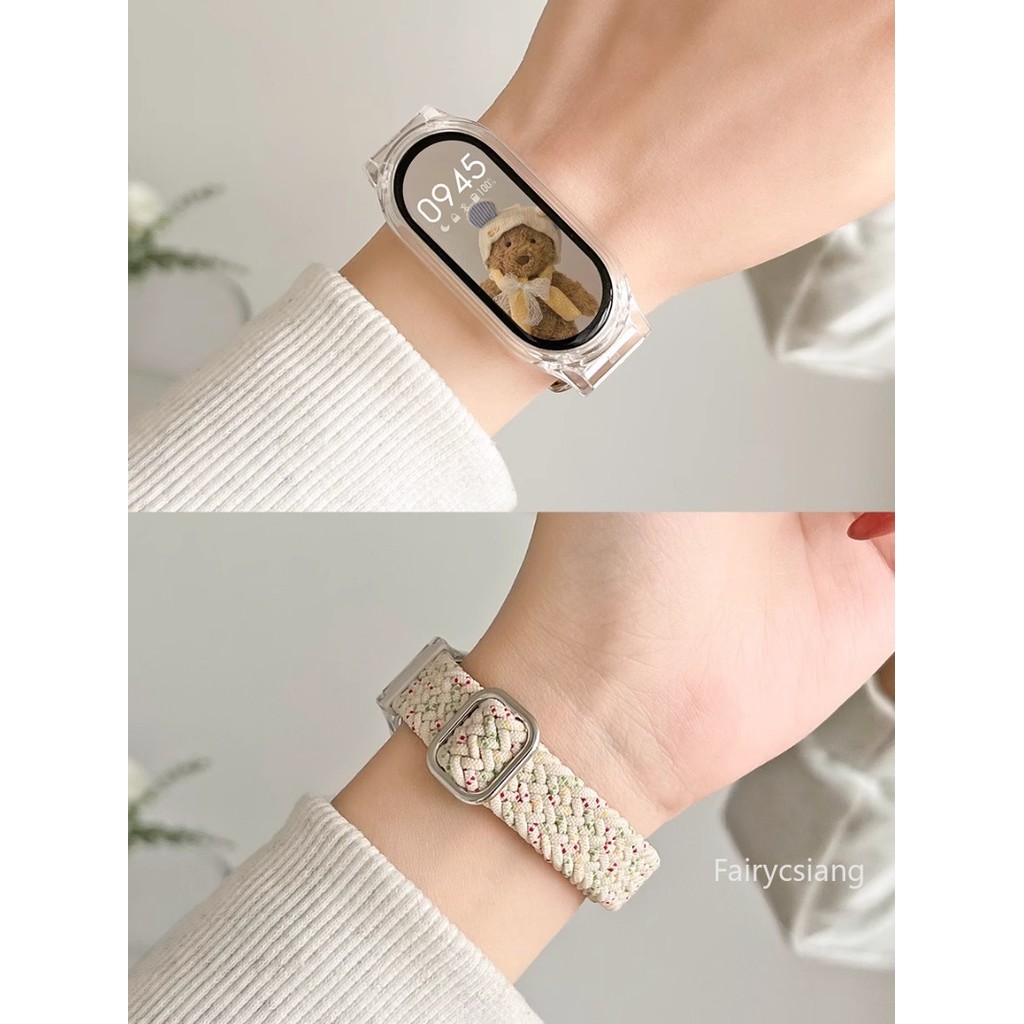 Dây đeo bện + Vỏ trong suốt cho Xiao Mi Mi Band 10 8 9 7 5 6 4 3 Vòng đeo tay Correa Vòng đeo tay cho Miband 10Ceramic Edition