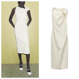 Zara Thu Đông Phong Cách Mới Châu Âu Mỹ Slim-fit Bất Đối Xứng Cổ Dây Buộc Vải Lanh Phối Đầm 8723418