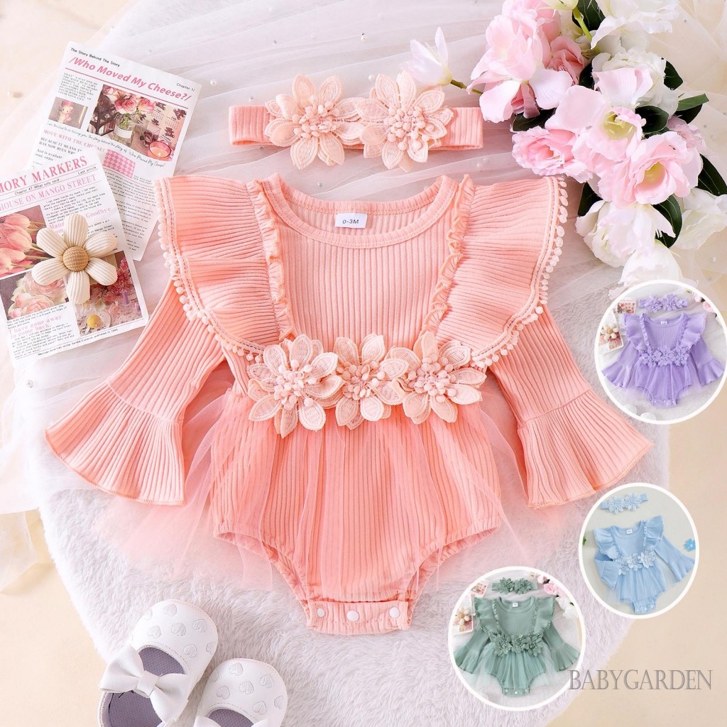 / / -Bộ Áo liền quần bé gái có băng đô 3D hoa dài tay vải tuyn viền quần áo mùa thu sơ sinh