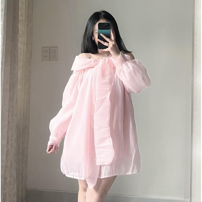 SAM - BARE_ Đầm ngắn nữ kiểu babydoll trễ vai tay bồng xòe thắt nơ 2 lớp cao cấp chất voan tơ- D03 Voi Women Dress Kem