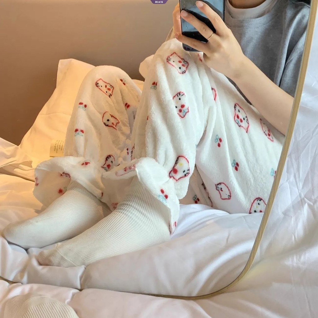 Dễ Thương Hello Kitty In Hình Quần Ấm Áp Đệm Dày Rời Thẳng Sinh Viên Mùa Đông Flannel Nhà Quần [BL]