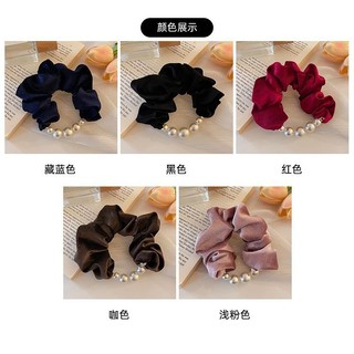 Phụ kiện tóc ngọc trai nhung, dây co giãn đa năng màu đen hồng, phong cách công chúa Hàn Quốc, handmade