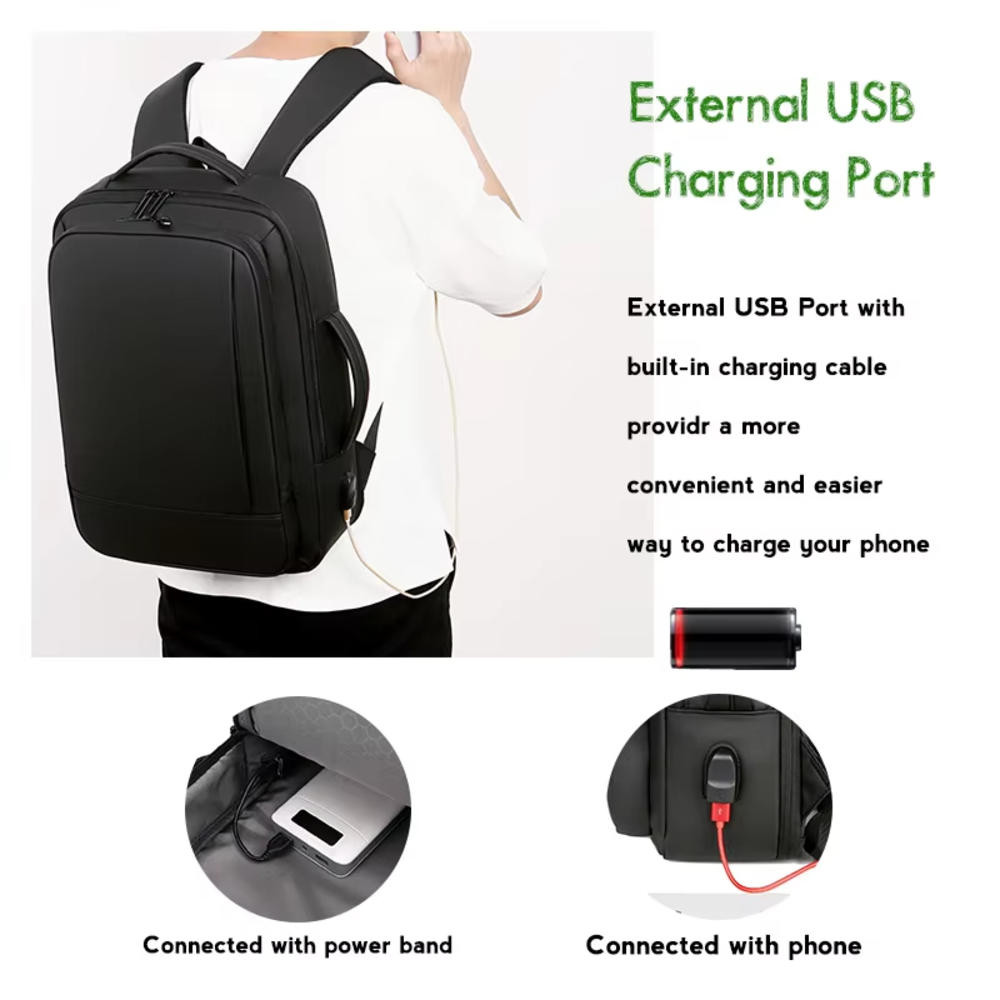1 Ba lô du lịch có thể mở rộng, Ba lô nam công sở thông thường, có sạc USB, vải chống thấm nước, thích hợp để đi lại hàng ngày