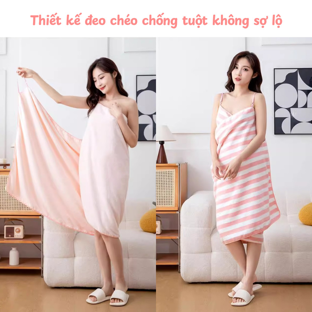 Khăn Tắm Choàng Dạng Váy 2 Dây Có Thể Điều Chỉnh Dinohome, Váy Tắm Nữ Vải Bông Lông Cừu San Hô Siêu Thấm Hút