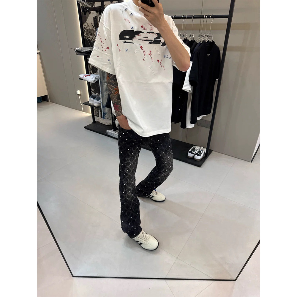 Quần jean nam bootcut cá tính kim cương đinh rách, quần thường ngày