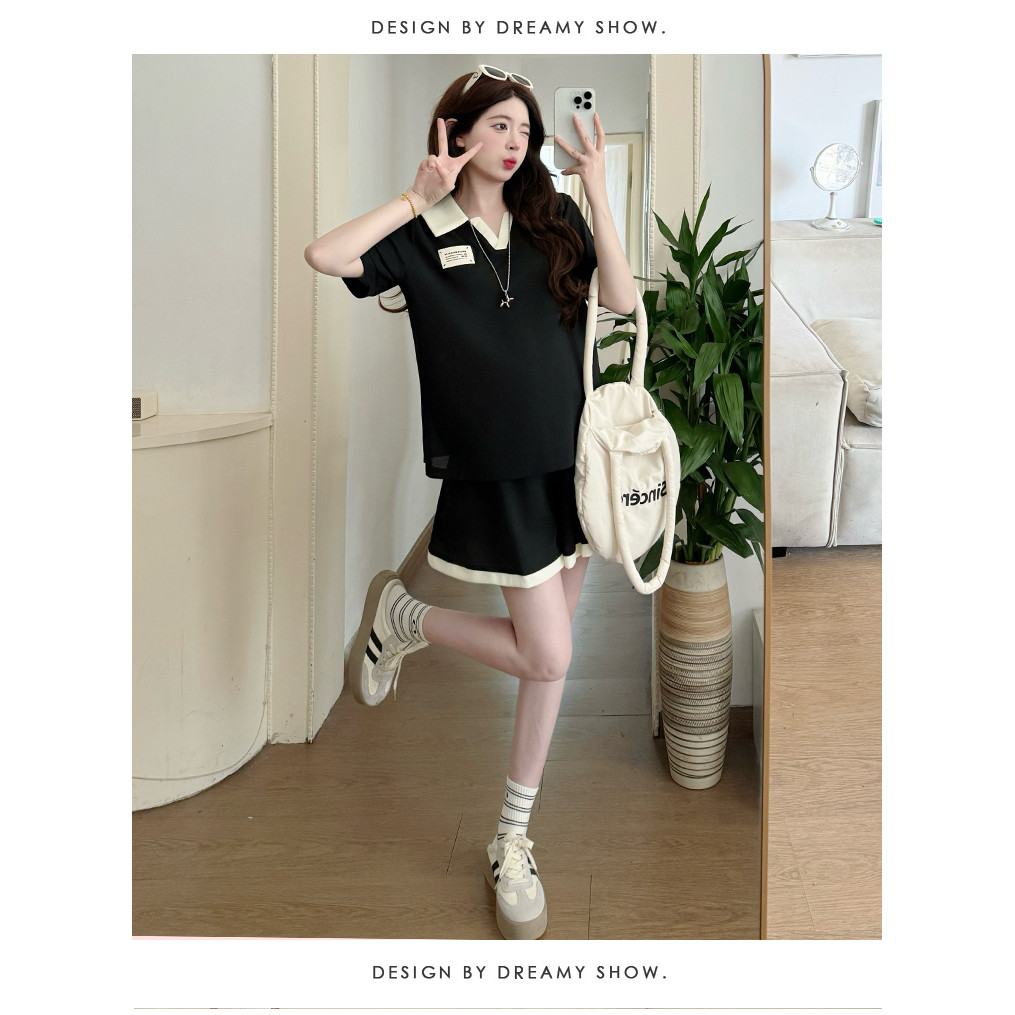 Bộ đồ bà bầu mùa hè, hai mảnh cổ polo dáng rộng thoải mái