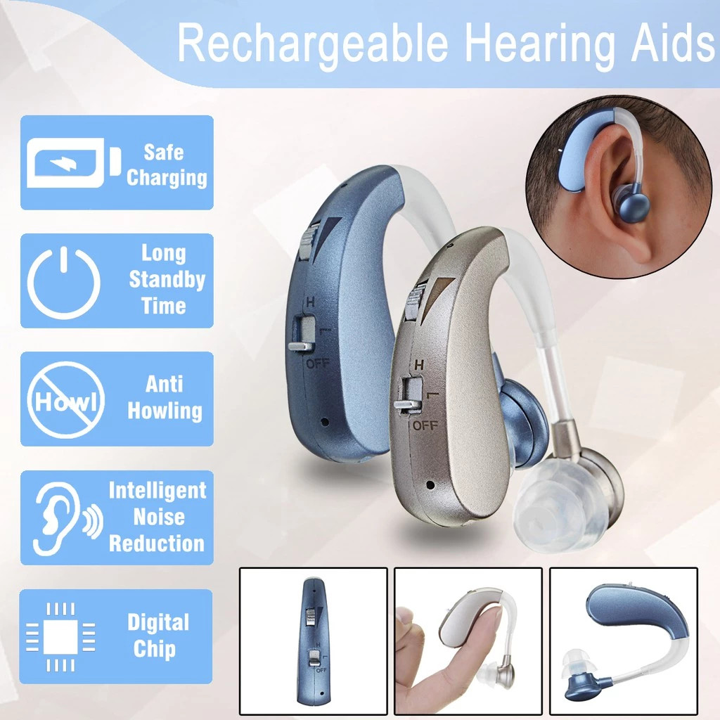 Máy trợ thính Tai nghe phụ trợ có thể sạc lại Pha lê trong suốt Bộ khuếch đại âm thanh Khử tiếng ồn Quà tặng cho người cao tuổi Treo tai Phong cách Xanh Vàng Cao cấp Hoàn thiện đa năng Phù hợp