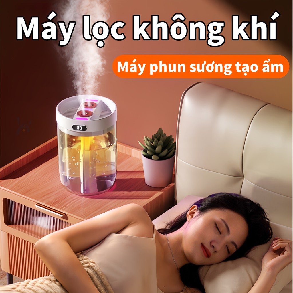 Máy phun sương tạo ẩm dung tích lớn, 2 vòi phun, công nghệ siêu âm không ồn, kết nối USB - Lọc sạch không khí gia đình