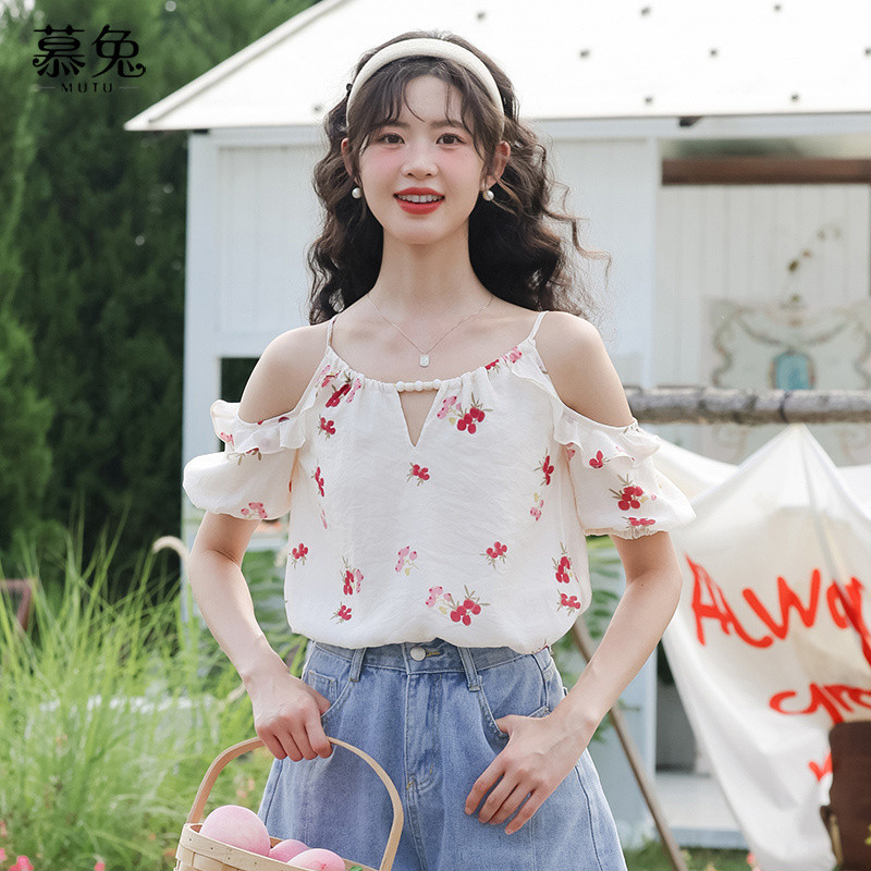 Mutu Áo sơ mi nữ phong cách Pháp ngọt ngào, cổ đào, hoa rời, thiết kế mới cho mùa hè