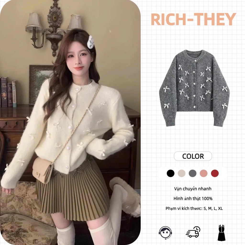 RICH-THEY Áo Khoác Len Cardigan Cổ Tròn Thắt Nơ Thời Trang Hàn Quốc Mới ...