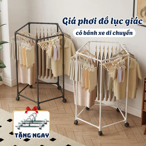 Giá Phơi Quần Áo Đa Năng Xoay 360 Độ Có Bánh Xe, Cây Treo Quần Áo Chất Liệu Thép Carbon Không Gỉ
