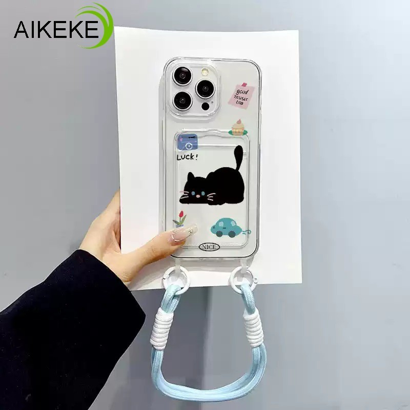Vỏ đựng thẻ mèo đen dễ thương cho Vivo iQOO Z10 Z9 Turbo Z10X Z9X Z8 Z8X Z7 Z7X Z6 Z6X Z5 Z5X Z3 Z1 Neo 10 9 8 7 6 5 SE Pro + 3 Vỏ hoạt hình Vỏ mềm chống sốc có Dây tay