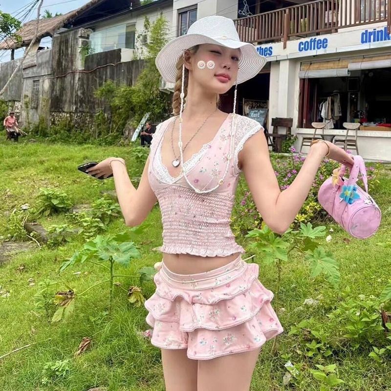 Váy xẻ Bikini Bảo Thủ Đồ Bơi Cô Gái Màu Hồng