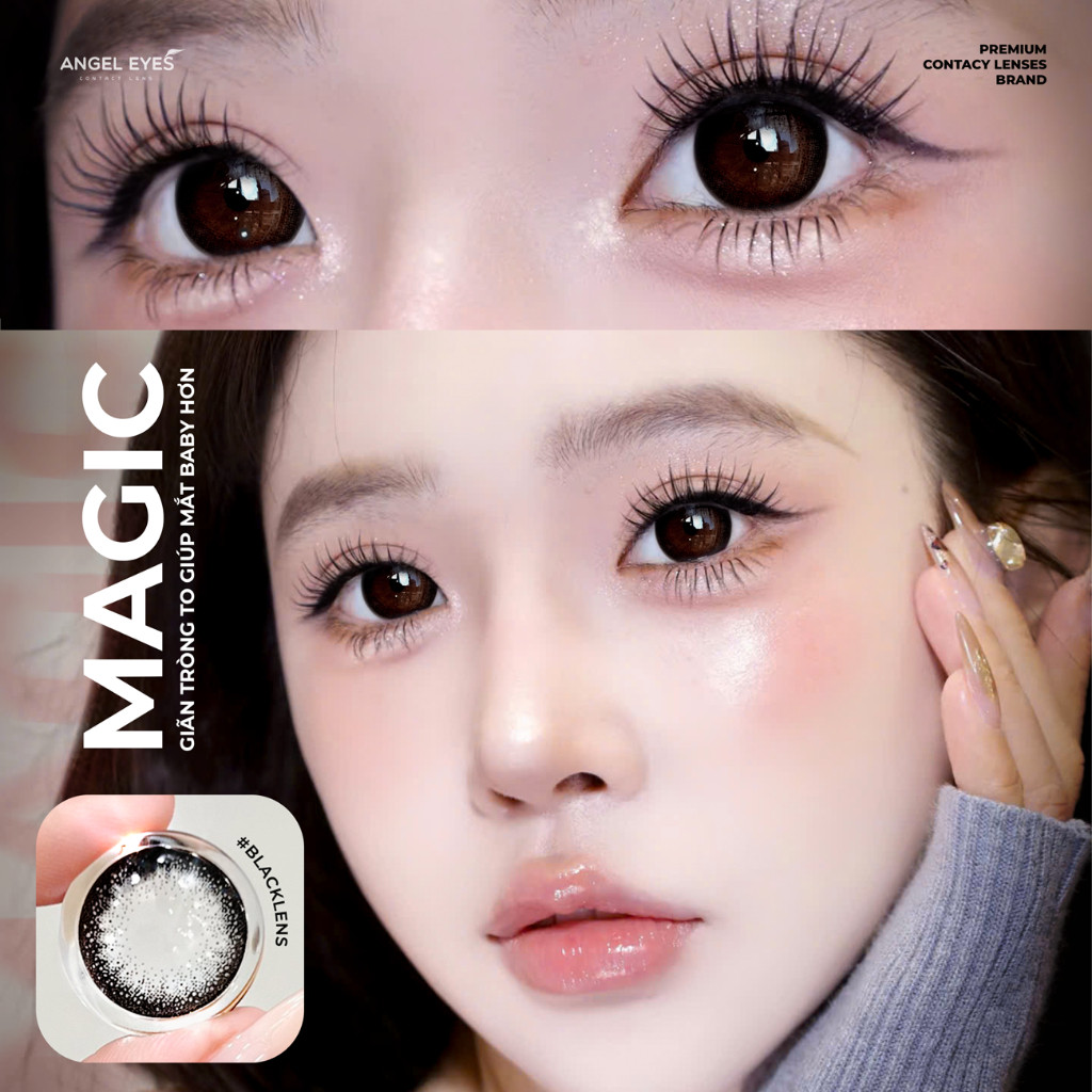 [HÀNG MỚI VỀ] Lens giãn tròng màu đen tự nhiên có độ 0-6 Magic BlackAngel Eyes, kính giãn tròng hiệu ứng giãn 14.5