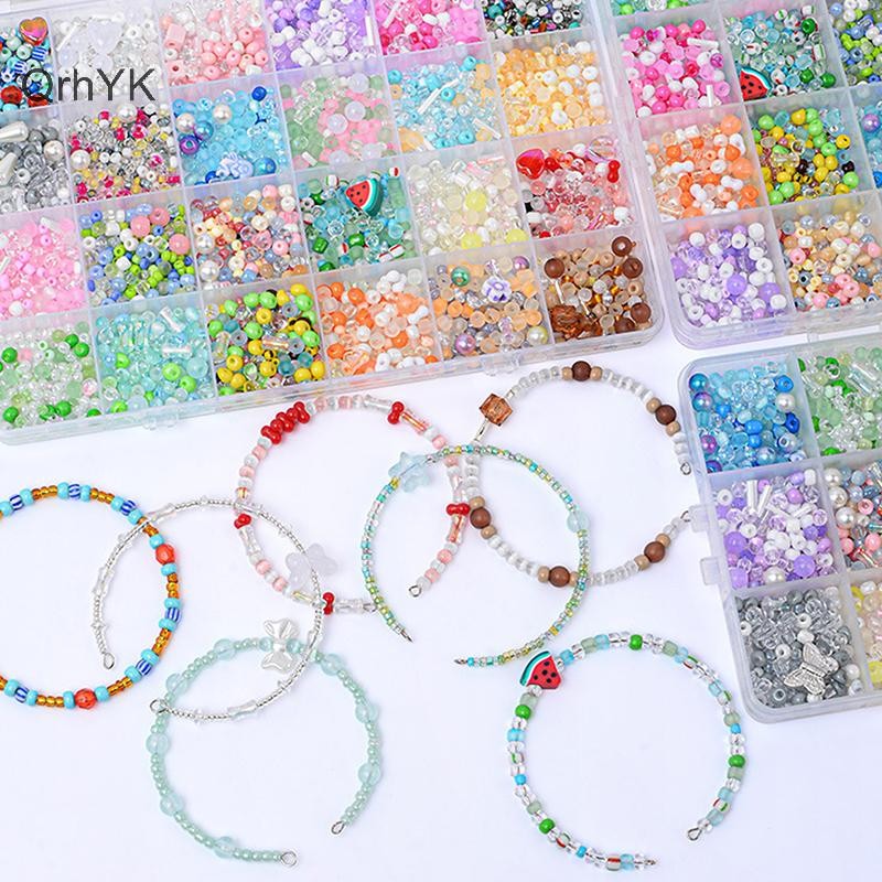 Vòng tay và vòng cổ hạt thủy tinh siêu hỗn hợp màu, DIY handmade chất liệu đính hạt thời trang