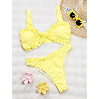 Biкиni hai mảnh nữ màu vàng với thiết kế ruffle bandeau và dây buộc ngực