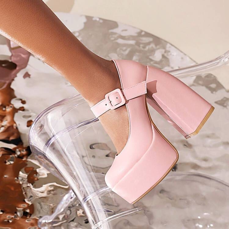 34-44 Kích Thước Dây Đeo Đế Dày Mary Jane Giày Da Nhỏ Mũi Tròn Dày Gót Cao Gót Giày Nữ