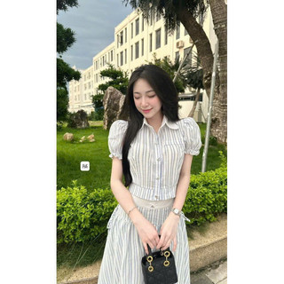 Set Váy Dài Kẻ Sọc Xanh Tiểu Thư Sang Chảnh