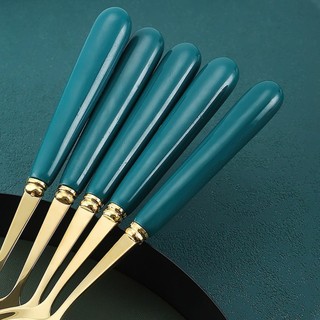Đũa Thìa Dĩa inox mạ vàng cán sứ xanh cổ vịt sang trọng SUNND