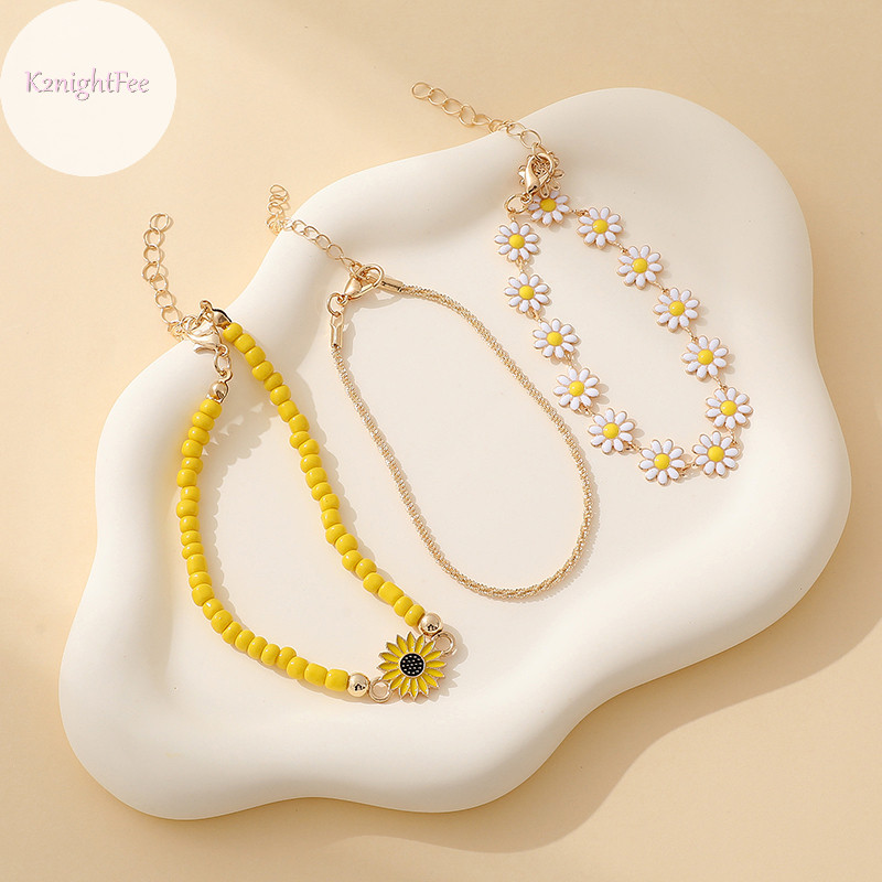 K2nightfee 3 Chiếc Dễ Thương Hoa Cúc Mặt Dây Chuyền Vòng Chân Bộ Dành Cho Nữ Bohemian Đính Hạt Hướng Dương Xếp Chồng Dây Tay Phụ Kiện Trang Sức VN