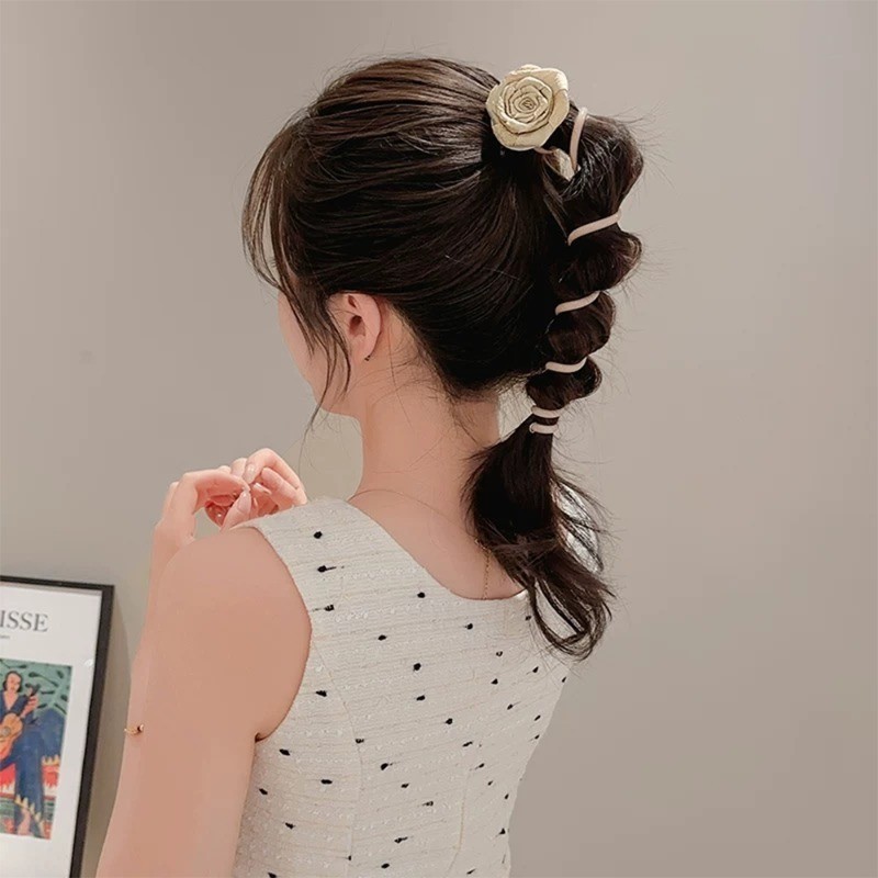 Vòng Tóc Dây Điện Thoại Nữ - Hiện Vật Bện Đuôi Ngựa Bong Bóng - Phụ Kiện Tóc Thời Trang - Ngọt Ngào Dễ Thương Hàn Quốc Thanh Lịch, Đàn Hồi Cao - Nhẫn Tóc Xoắn Ốc Hoa Hồng