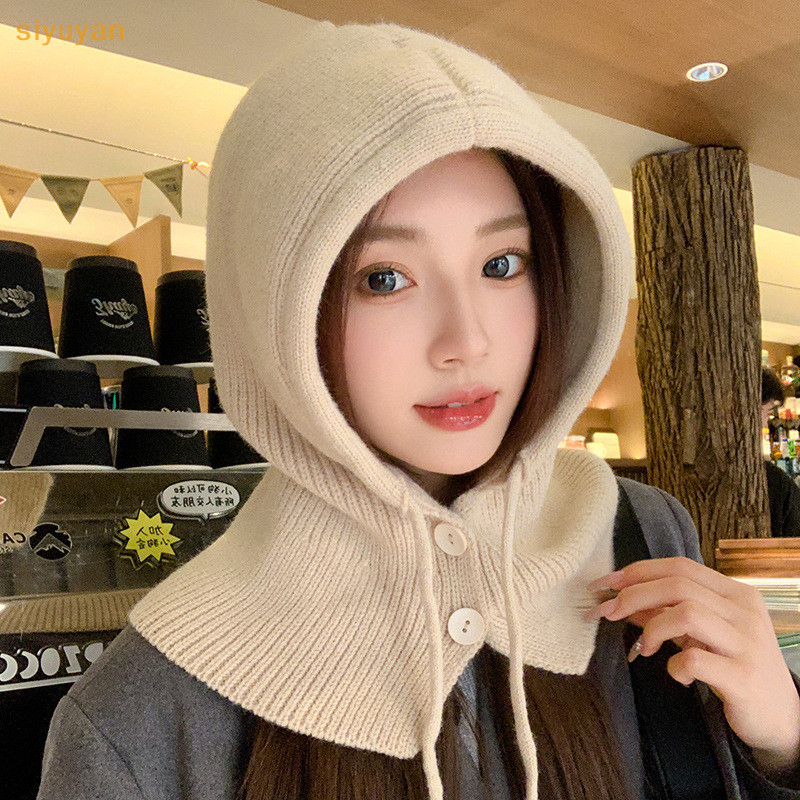 Siyuyan Mùa Đông Ấm Áp Dệt Kim Balaclava Mũ Nữ Màu Trơn Có Mũ Trùm Đầu Ngoài Trời Mũ Chui Đầu Mũ Cashmere VN