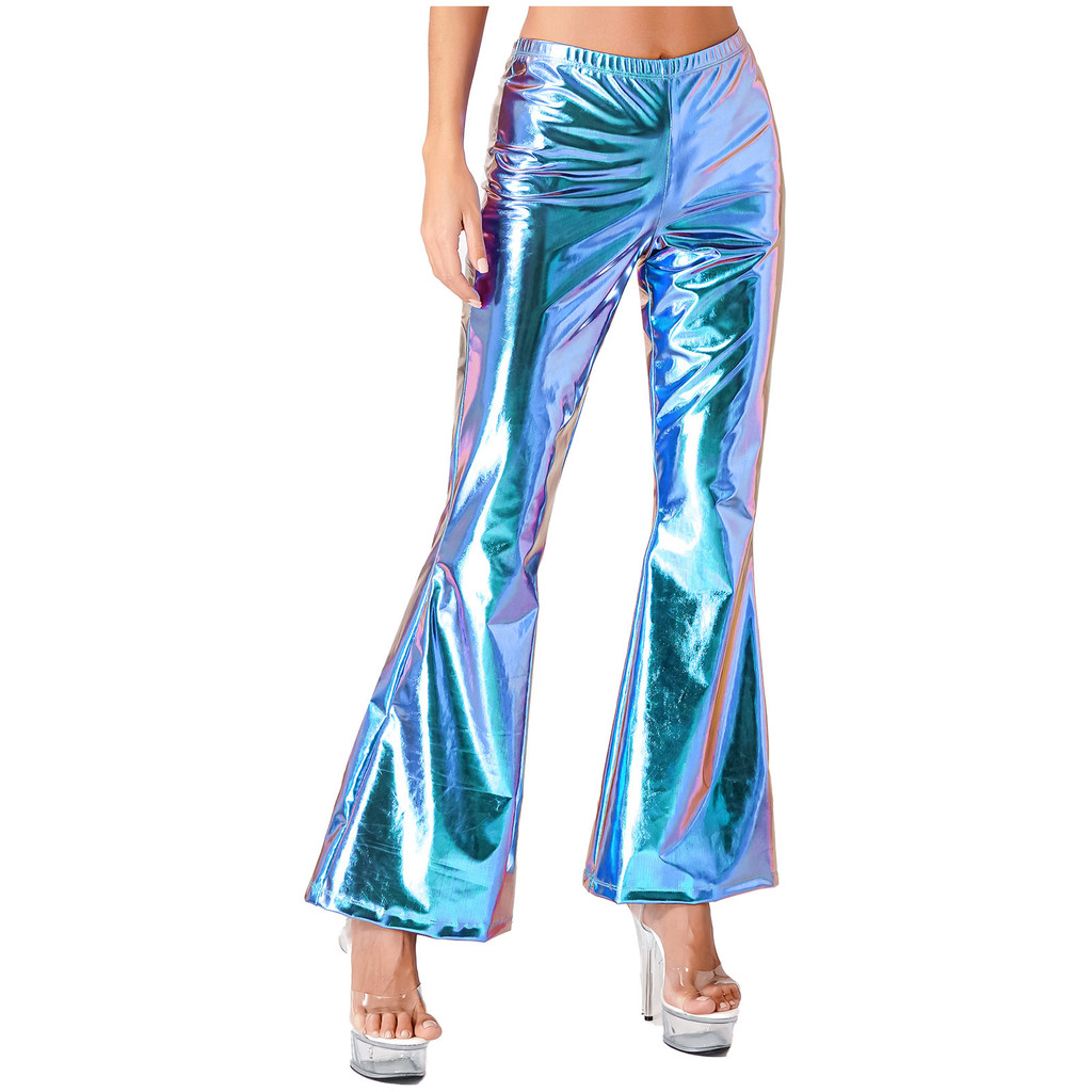 Txmy - Quần Disco kim loại sáng bóng cho nữ Loodgao Dây thắt lưng đàn hồi Chuông Quần loe đáy