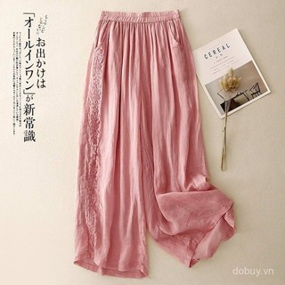 Mùa Hè 2025 Mới Nữ Crop Quần Ống Rộng Retro Thêu Rời Chảy Chảy Rỉ Cotton Vải Lanh Quần