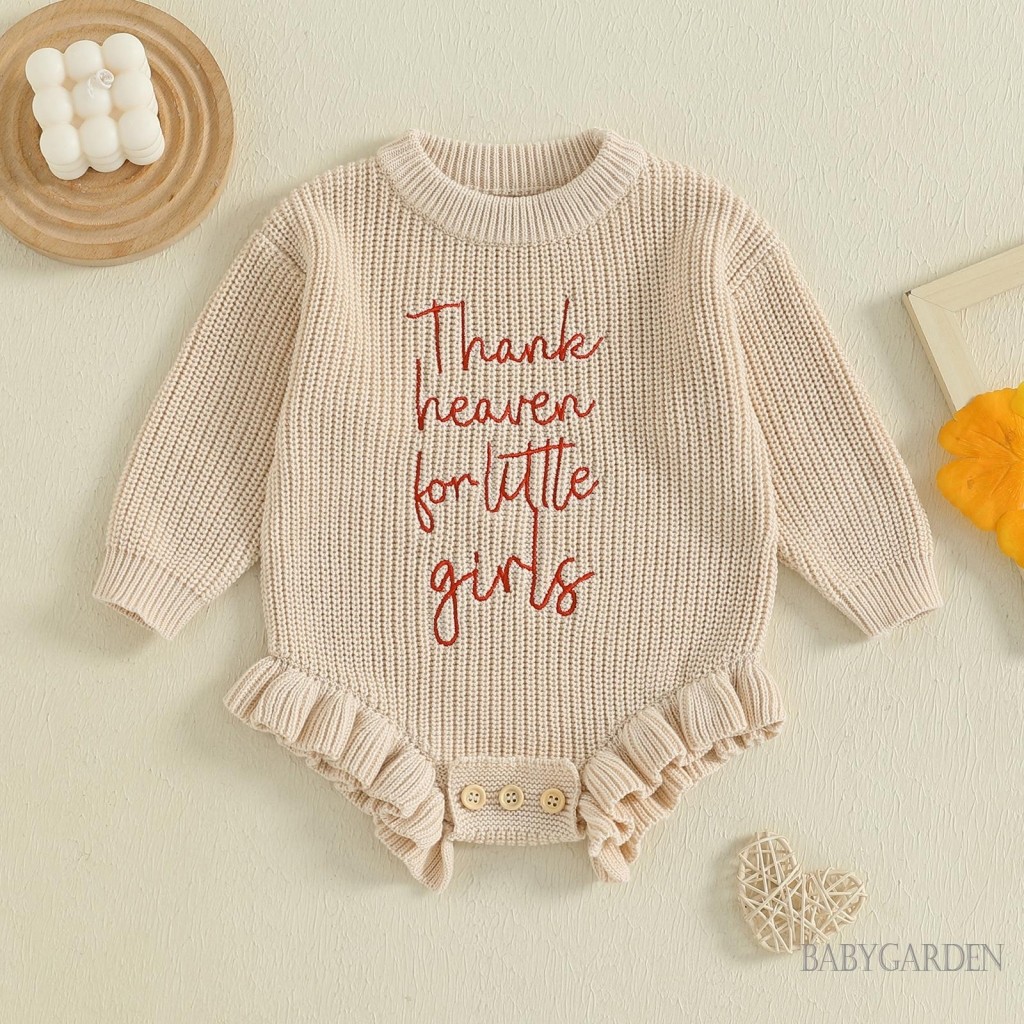 / / -Baby Bé Gái Áo Len Rompers Họa Tiết Chữ Ruffles Cổ Tròn Dài Tay Mùa Thu Body Jumpsuits