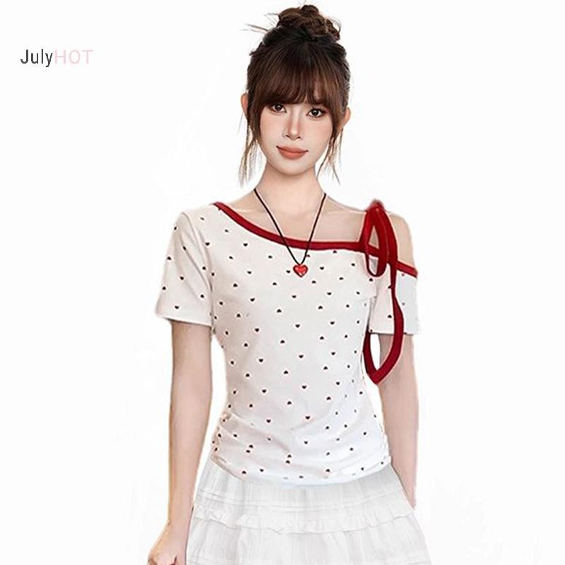 JULYHOT Mùa Hè Ngọt Ngào Retro In Hình Trái Tim Ngoài Vai Phối Ren Tay Ngắn Slim Áo Thun Nữ Massivedeals