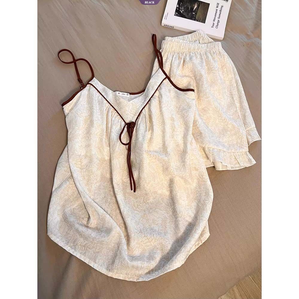 Bộ đồ ngủ yếm họa tiết cổ điển và quầnshort mùa hè cao cấp, phong cách INS