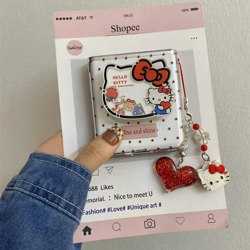 Ốp Điện Thoại Chấm Bi Màu Đỏ Dễ Thương KT Cat Sway Thích Hợp Cho Samsung Galaxy ZFlip7 ZFlip 7 6 5 4 3 5G Dây Buộc Gấp Vỏ Cho N2 N3flip Mixflip Vỏ Bảo Vệ
