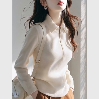 Áo len cổ polo trắng tay dài dành cho nữ, phù hợp mùa thu với chất liệu dệt kim mỏng nhẹ
