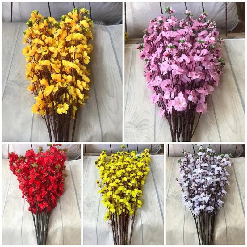 Sỉ Combo 10 Cành Hoa Mai Hoa Đào Giả Trang Trí , Decor Làm Cây Hàng Đẹp 5 nhánh