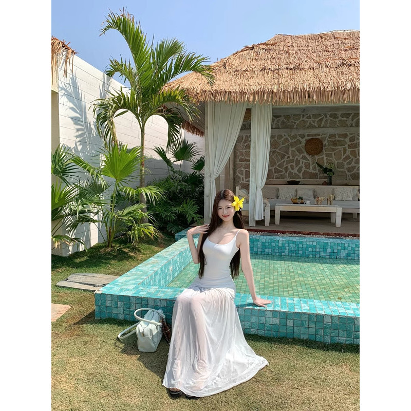 Milyfashion Trắng Pháp Sling Đầm Phong Cách Mới Mùa Hè Kỳ Nghỉ Khâu Gạc Váy Dài Quần Áo Nữ