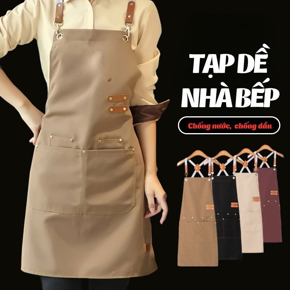 Tạp Dề Canvas Cao Cấp Có Dây Da DinoHome, Tạp Dề Chống Thấm Dầu Cho Nhà Bếp, Pha Chế, Làm Bánh, BBQ