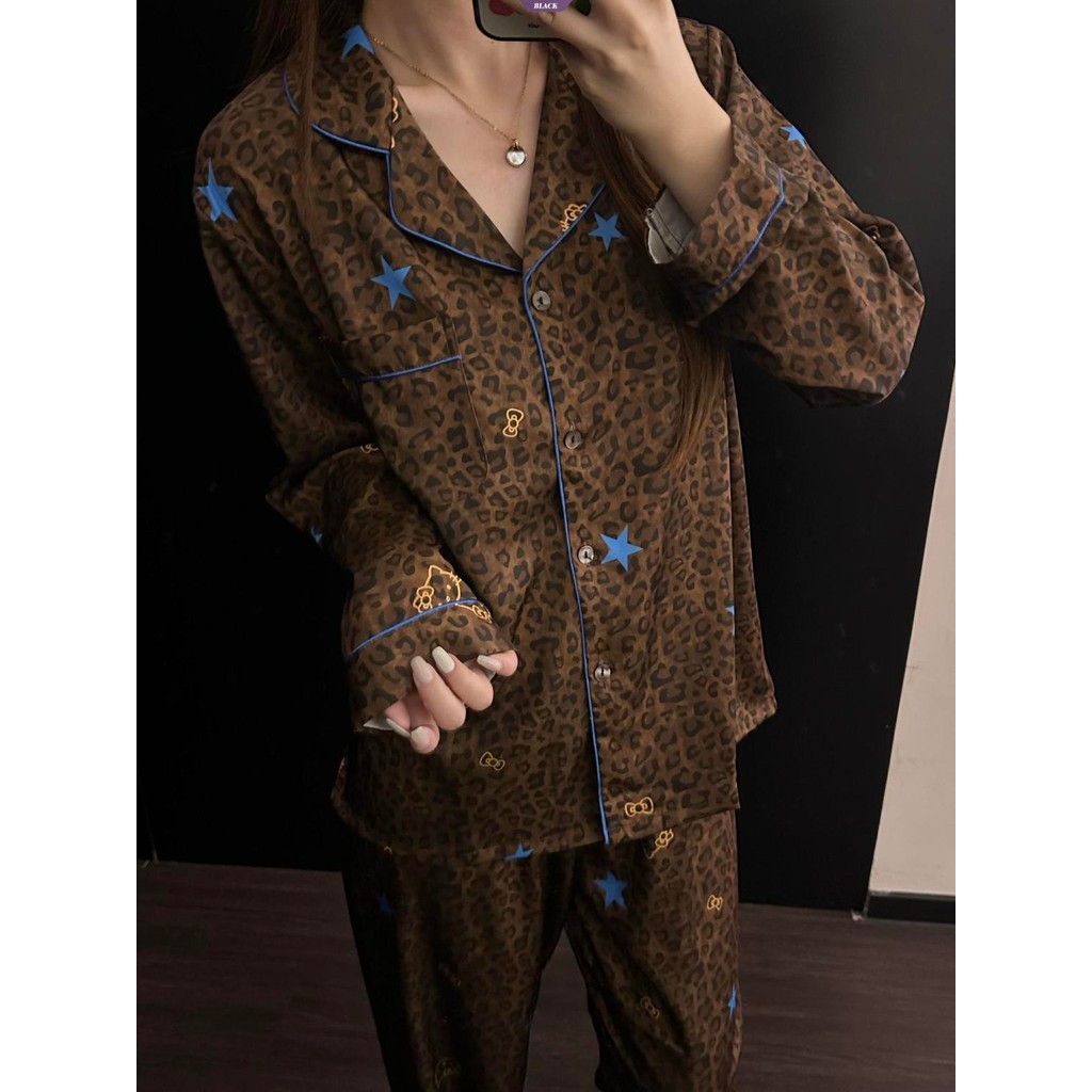Gợi Cảm Pure Desire - Bộ Đồ Ngủ Nữ Da Đen Họa Tiết Da Báo Hello Kitty, Thiết Kế Quần Dài Tay Cho Mùa Xuân Thu