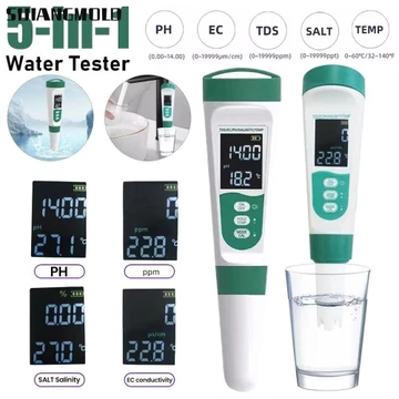 Bút thử nước SIJIANGGMLD, Bút kiểm tra chất lượng nước màn hình LCD kỹ thuật số, Máy kiểm tra TDS 5 in1 chống nước di động 0-9999PPM