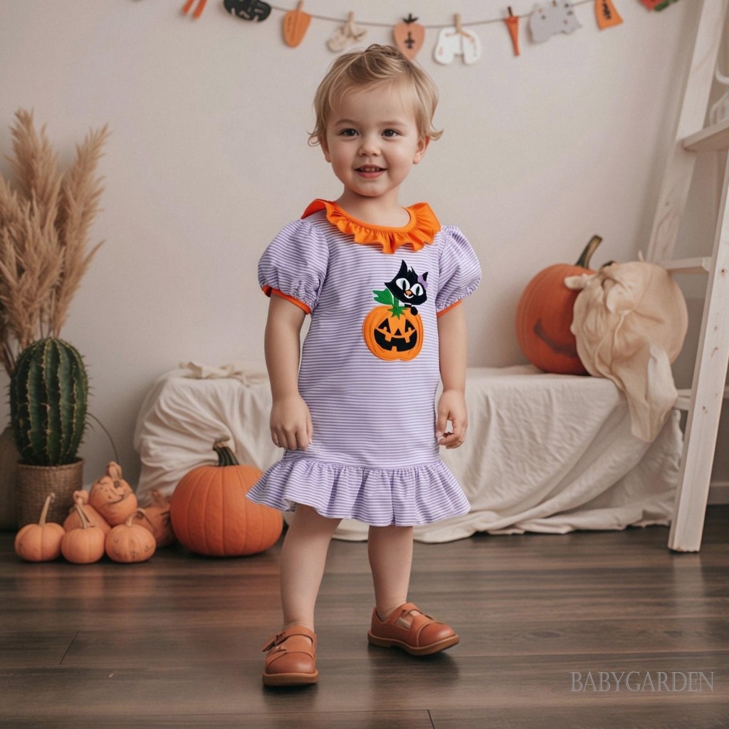1-5 Tuổi Trẻ Em Bé Gái Halloween Sọc Đầm Bí Ngô Mèo Đen Thêu Tay Ngắn Xù Đầm Dễ Thương Mùa Thu Quần Áo