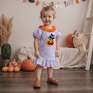 1-5 Tuổi Trẻ Em Bé Gái Halloween Sọc Đầm Bí Ngô Mèo Đen Thêu Tay Ngắn Xù Đầm Dễ Thương Mùa Thu Quần Áo