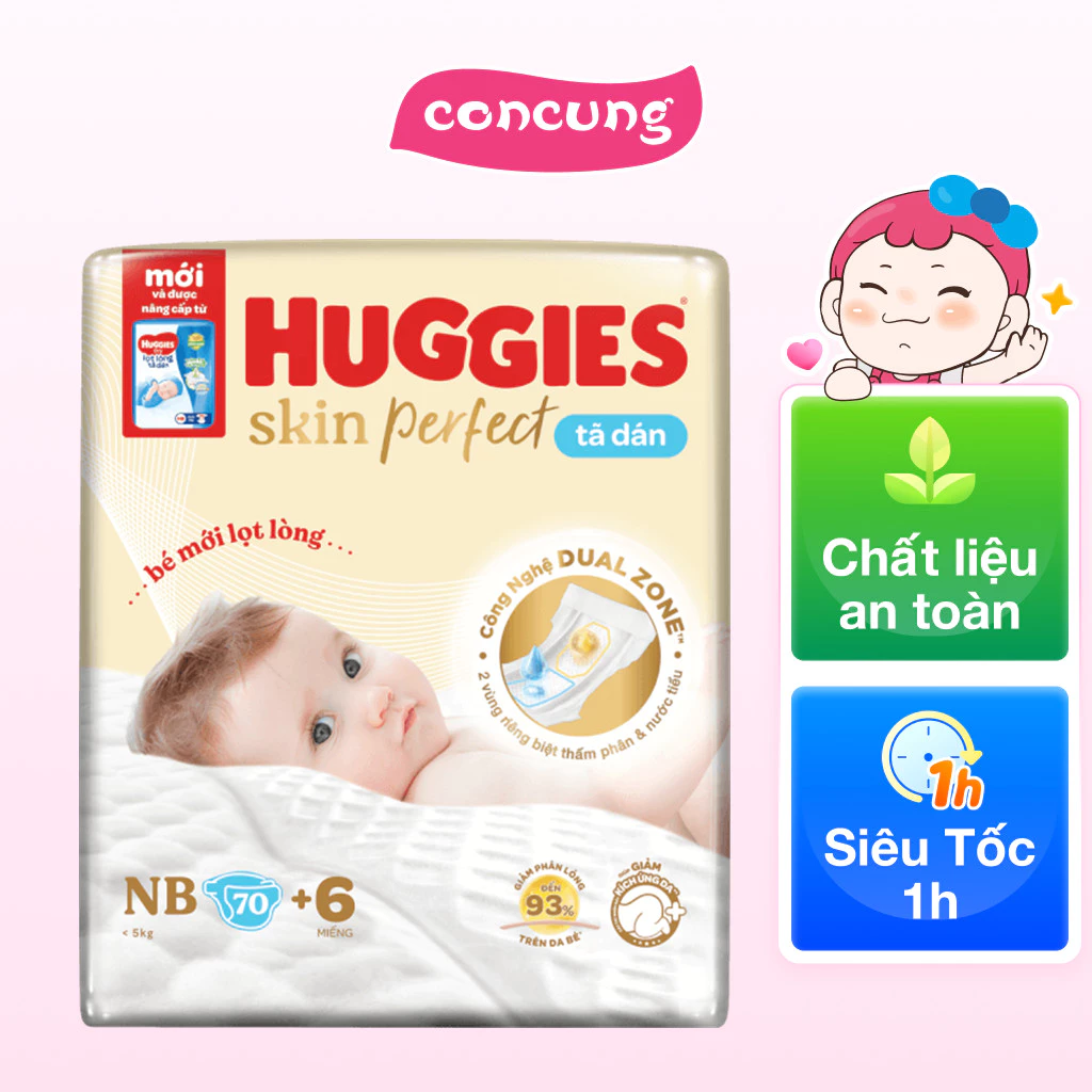 Tã dán lọt lòng Huggies Skin Perfect (Newborn, dưới 5kg, 70 miếng) Giao bao bì ngẫu nhiên