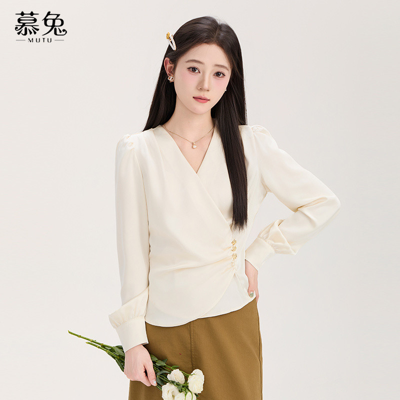 Mutu Áo Sơ Mi Nữ Phong Cách Pháp Cổ Chữ V, Form Slim-Fit, Mùa Hè Mỏng và Cao Cấp