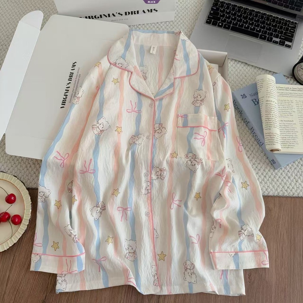 Bộ đồ ngủ nữ Mico cầu vồng dễ thương, dài tay, phong cách Nhật Bản, thích hợp mặc nhà, xuân thu, cho sinh viên [BL]